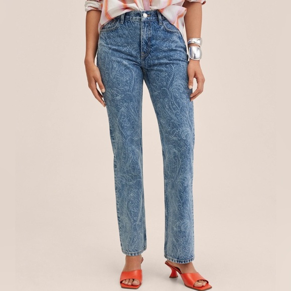 MANGO Denim Mid-rise Paisley straight-leg jeans - Picture 2 of 11